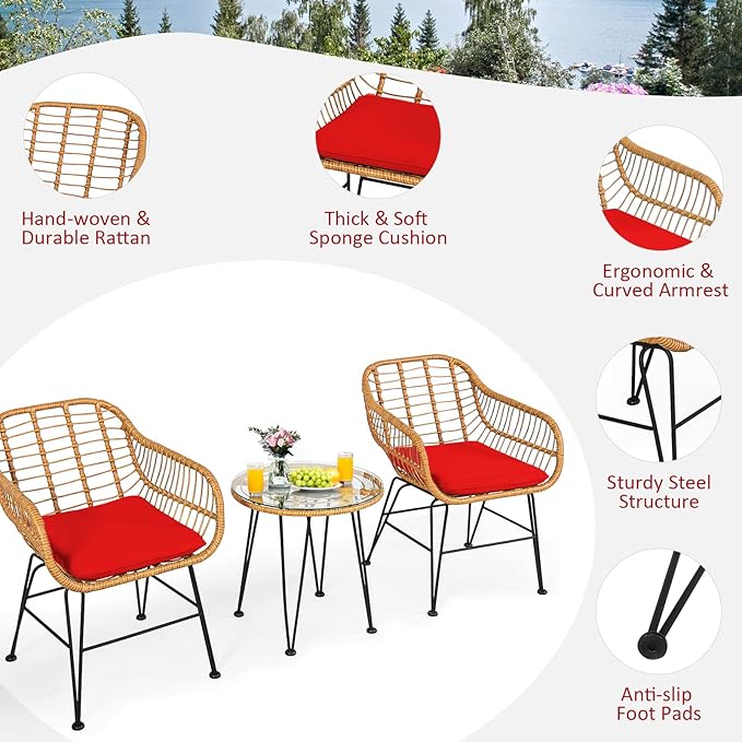 Tangkula 3 Pieces Patio Bistro Set, Rattan Conversation Set