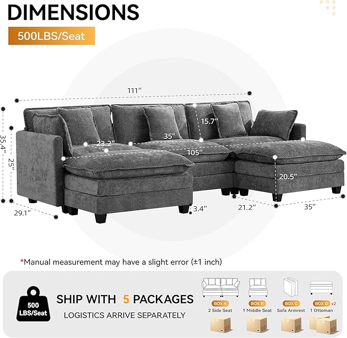 111'' Sectional Cloud Deep Seat Couch, Oversized Chenille U Shaped Sectional