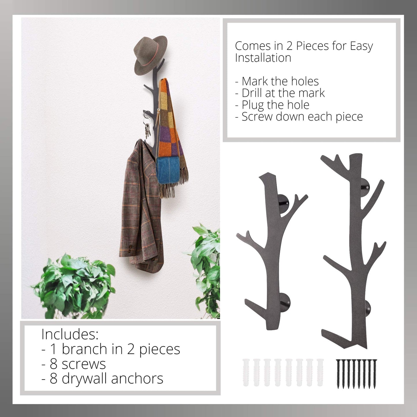 TERRA HOME Tree Branch Coat & Hat Rack Wall Mount with 8 Vertical Hooks for Caps, Coats, Purse & More Modern Storage Dog Leash Holder Decorative Wall Hooks Vertical