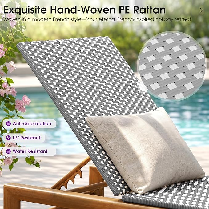 PURPLE LEAF Patio Chaise Lounge French Outdoor Lounger 1 Piece Matte Teak Grain