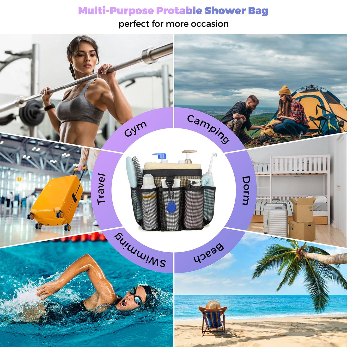 Mesh Shower Caddy Portable for College Dorm Room Essentials with 8-Pocket Large Capacity,Quick Dry Shower Bag for Bathroom, Beach,Gym