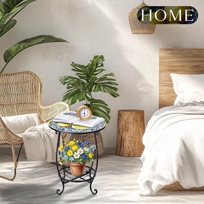 Cinnvoice Outdoor Side Table Round Small Mosaic Patio Accent Indoor End Plant