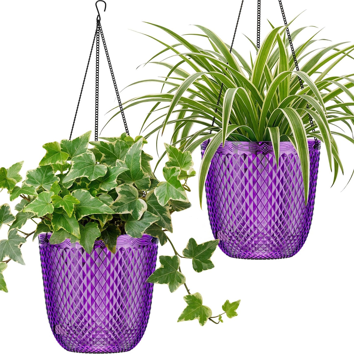 QCQHDU Hanging Planters for Indoor Plants, 2-Pack 7.2 Inch Self Watering Hanging Pots, Plastic Plant Hanger with Drainage Holes and 3 Hooks Chains for Garden Home (Purple)
