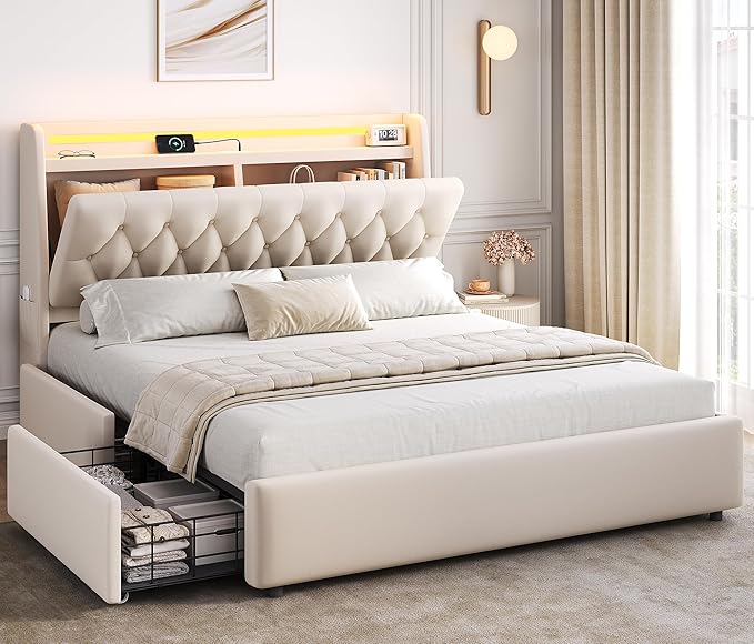 Full LED Velvet Bed Frame with 2 Storage Drawers&Hidden Headboard, Upholstered