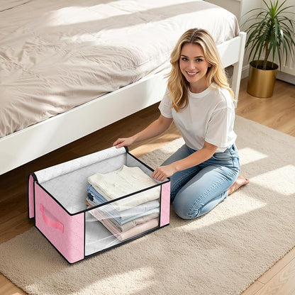 Fab totes 35L Closet Organizers and Storage, Foldable Under Bed Storage Containers, Storage bags for Organizing Bedroom, Closet, Clothing,Organization with Handle (3 Pack,Pink)