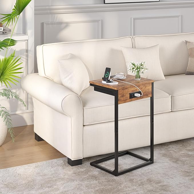 sthmec C Shaped End Table with Charging Station, 45° Tiltable Adjustable Flip
