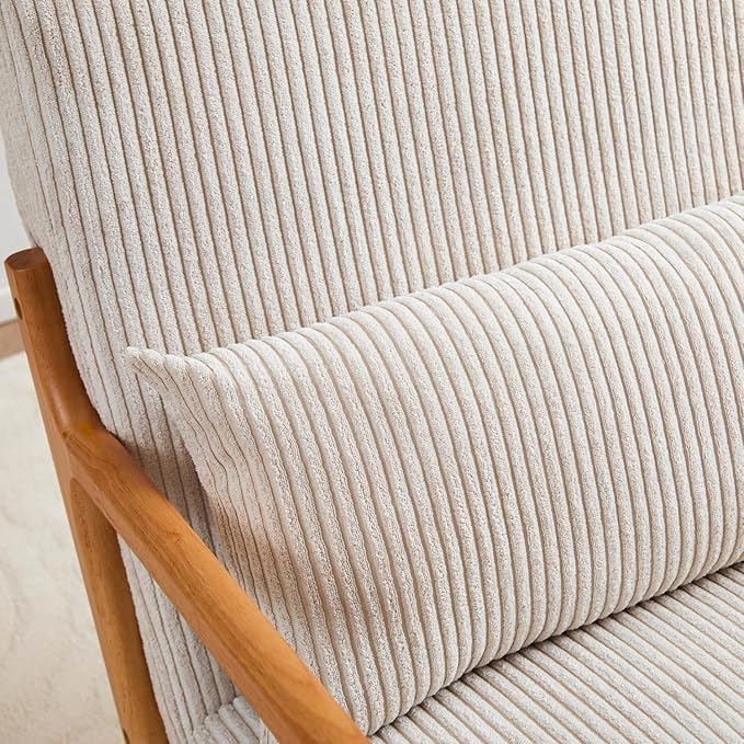 Mid-Century Modern Accent Chair Beige Rubberwood Frame Living Room Bedroom