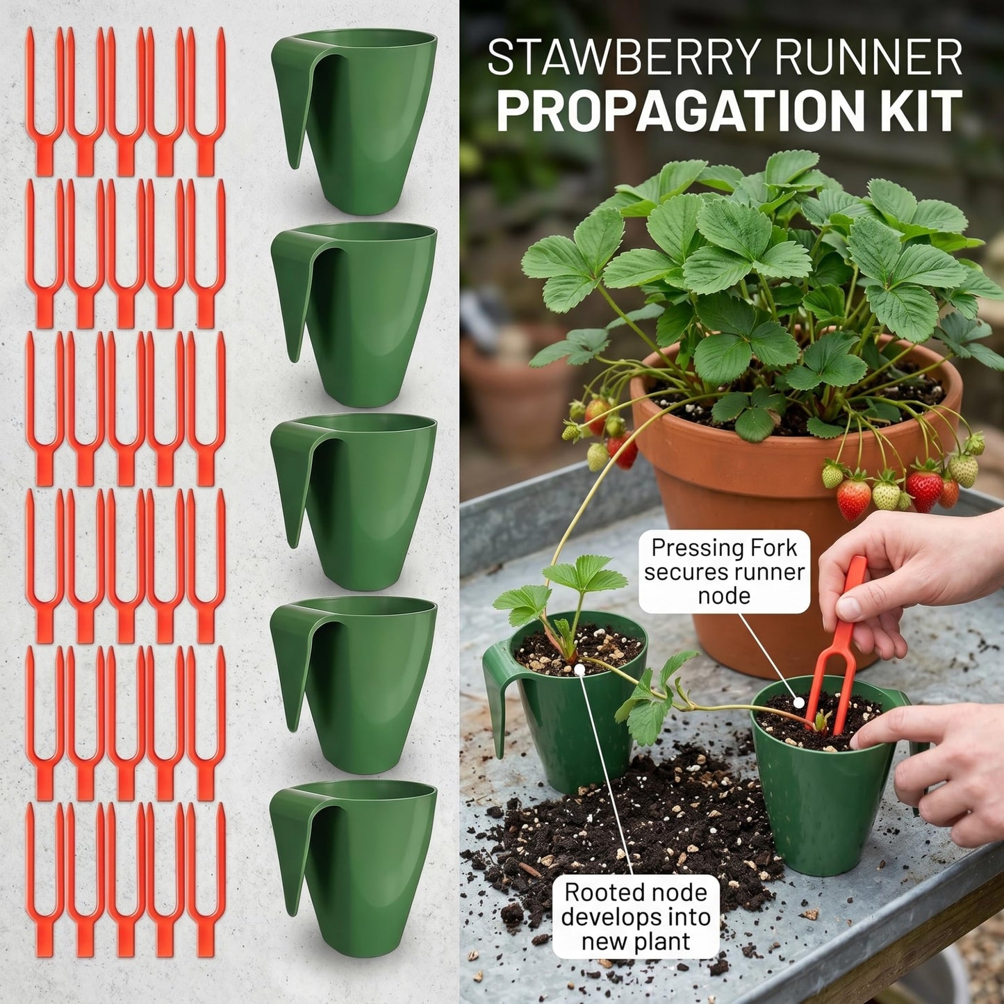 Wilafury 20Pcs Propagation Cups, Small Strawberry Propagation Cups with 50 Vine Press Forks, Plastic Planter for Rooting, Garden Greenhouse Balcony, Green