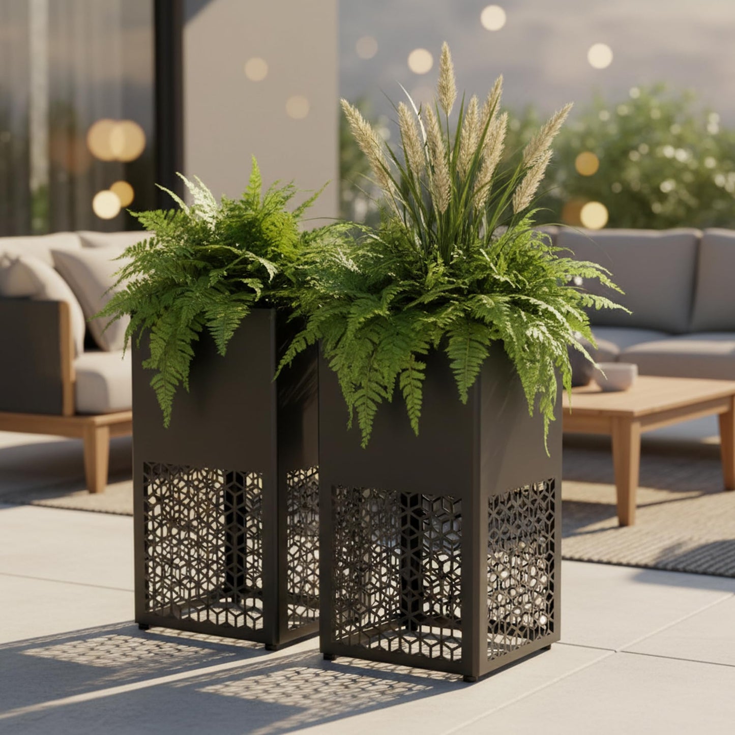 Vrtizalv 2 Pack Tall Metal Planter Box for Outdoor Plants 16" L x 16" W x 30" H, Heavy Duty Tall Rounded Corner Spliced Hollowed-Out Design Planter for Porch, Garden, Patio, Yard Outdoor Plants