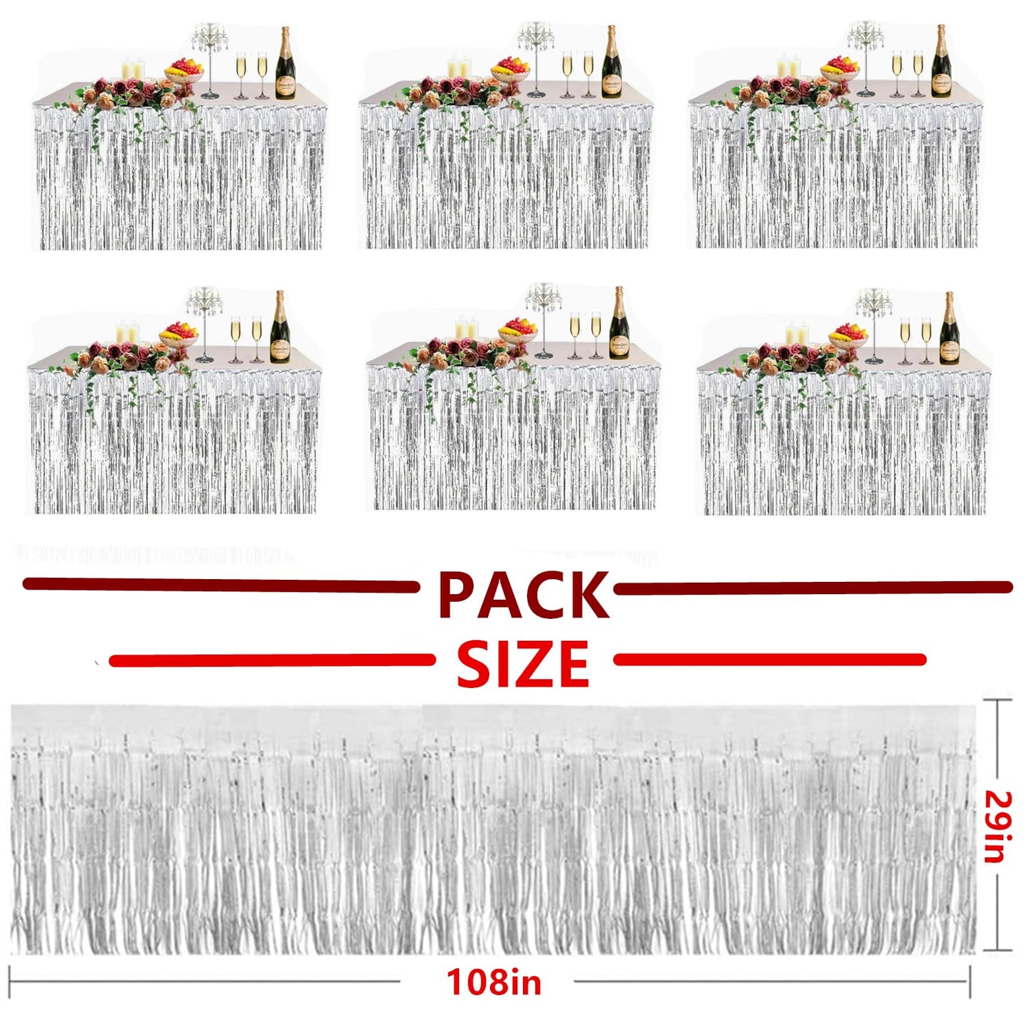 6 Pack Metallic Foil Fringe Tinsel Table Skirt, antfees 29.5''x108'' Disposable Party Table Skirt Banner for Rectangle Tables, Wedding, Birthday, Parade Floats, Party Decoration (Silver)