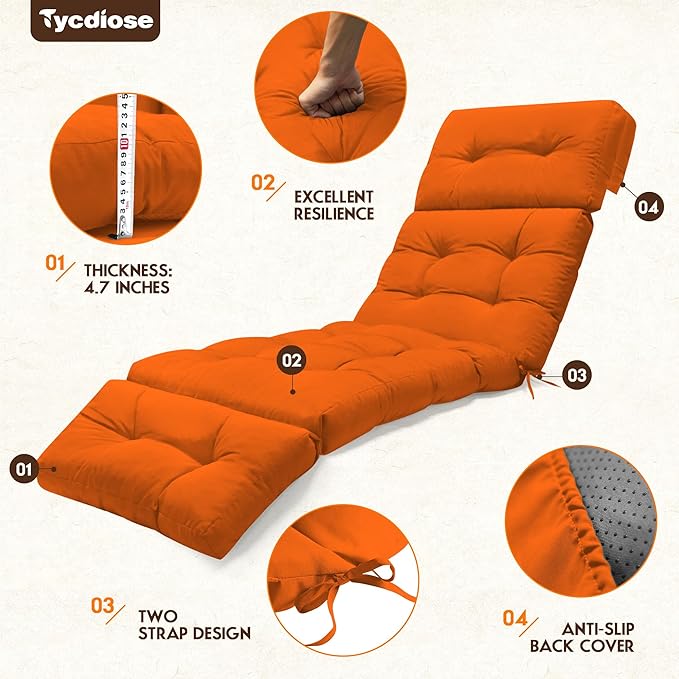 Waterproof Outdoor Chaise Lounge Cushion 74.4 x 22 x 4.7 Inches Memory Foam