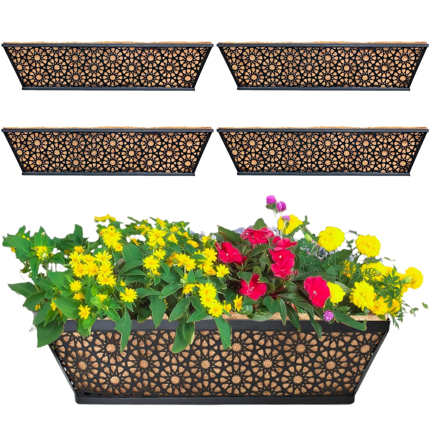 EIMQUVW 4 Pack 24" Railing Planter Window Box Deck Balcony Rail Planter Black Metal Flower Basket Horse Trough Planter with Coco Fiber Liner for Porch Fence Patio Outdoor