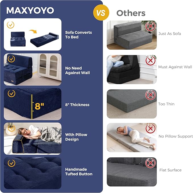 MAXYOYO 8" Folding Sofa Bed, Fold Out Chair Bed Sleeper Chair, Convertible