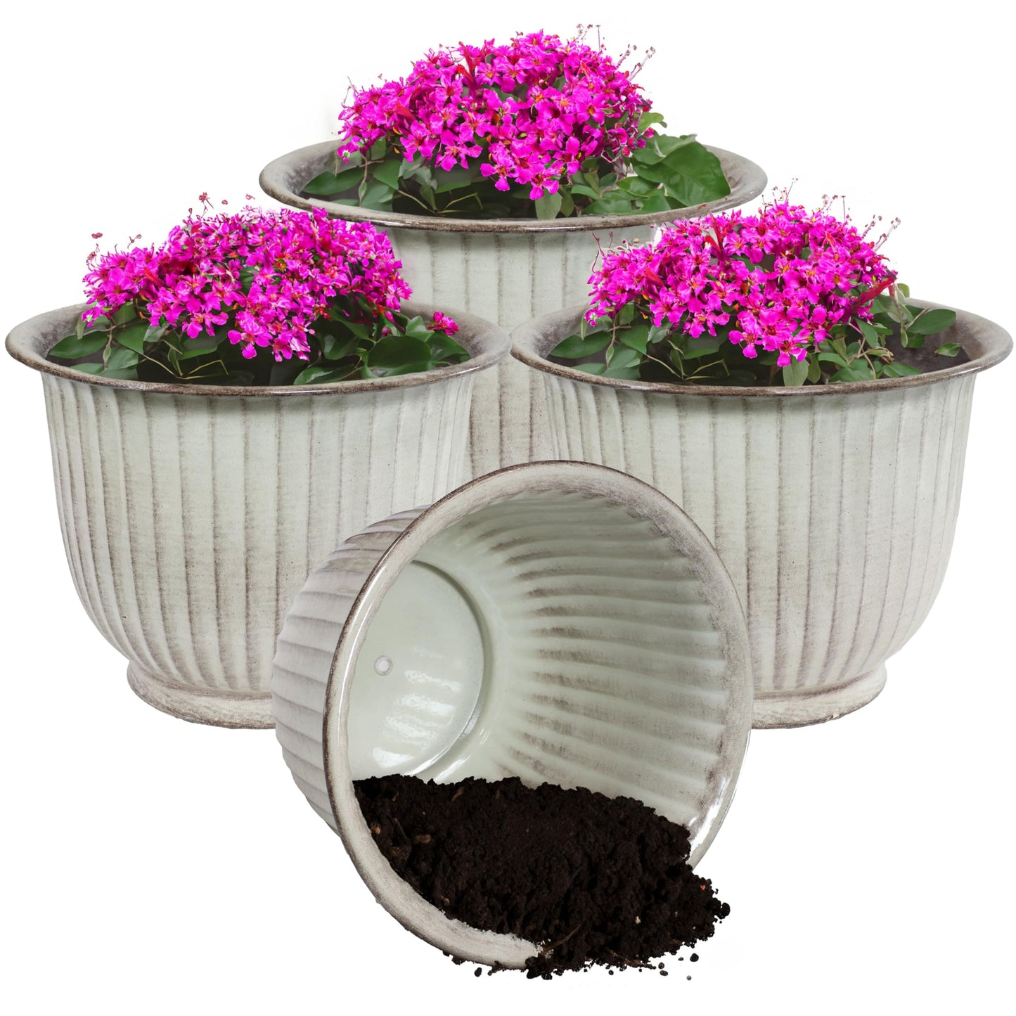 Sunnydaze Carlotta 14.75" Metal Outdoor Plant Pot Set with Drainage Holes and Rubber Plugs - White Glaze - Set of 4