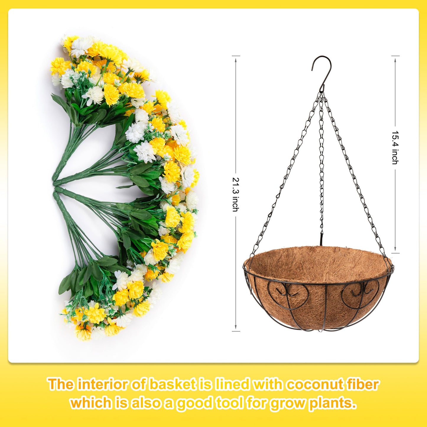 Artificial Hanging Flowers Basket for Spring Outdoors Decoration, Silk Mums Fake Flowers UV Resistant Look Real Daisy with Coconut Lining Baskets for Outside Porch Courtyard Decor(Yellow and White)