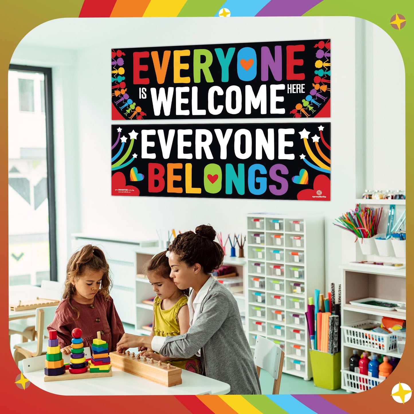 Sproutbrite 2 Pack 13.5” x 39” Welcome Posters for Classroom – Educational Charts & Posters Wall Decor for Pre, Elementary and Middle School Teacher Decorations for Classroom - Promotes Inclusivity and a Sense of Belonging