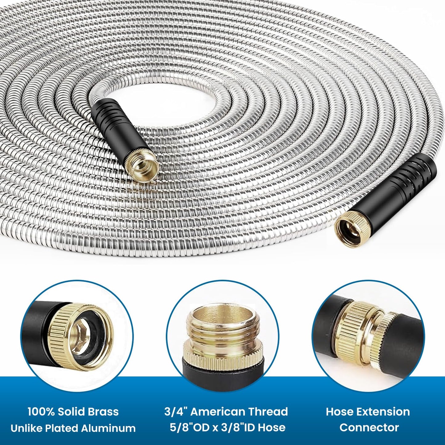 Garden Hose 50FT, Water Hose with 10 Function Nozzle, Garden Hose Metal with Leak-proof Connectors, Kink-Free & Ultra Flexible, Rust/Pet/Puncture Proof for Lawn, Yard, RV, Car Wash, 550PSI