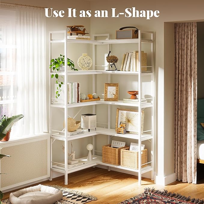 Huuger 5 Tier Bookshelf, L Shaped Corner Bookshelf