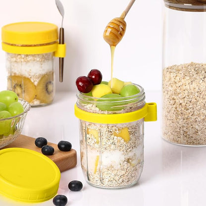 16oz Glass Mason Overnight Oats Jars, Cereal, Yogurt, Salad Lunch,Glass Overnight Oats Containers with Lids and Spoon, Container with Measurement Marks - (Yellow-2Pcs)