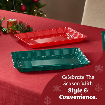 Plasticpro Plastic Serving Trays - Serving Platters Rectangle 9X13 Disposable Party Dish Includes 2 Green & 2 Red Christmas Trays