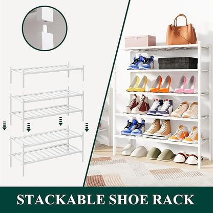 Smiry Bamboo Shoe Rack, 6 Tier Free Standing Wooden Shoe Organizer, Stackable Wood Shoe Storage Shelf for Closet, Entryway, 12 Vertical Slats, 2+2+2 Stack Standard Legs, 26.8"x11"x39", White