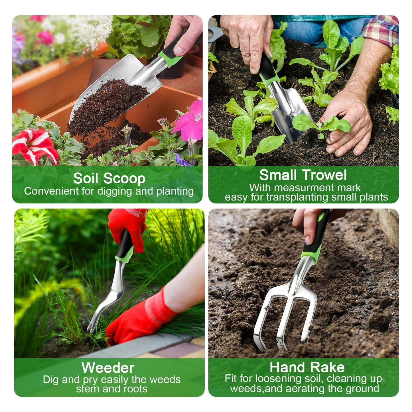Garden Tools Set, 8 Piece Gardening Tools Set with Non Slip Ergonomic Handle, Heavy Duty Garden Tool Set with Storage Bag, Gardening Kit for Women, Garden Hand Tools Gift, Green
