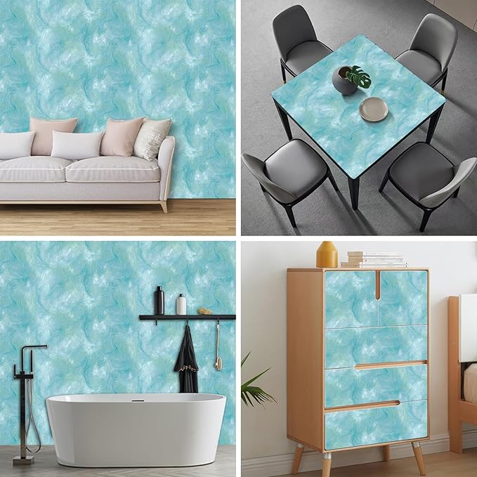 HOMETITUTE Blue Marble Wallpaper Peel and Stick Ocean Style 118.1x17.7 Inches