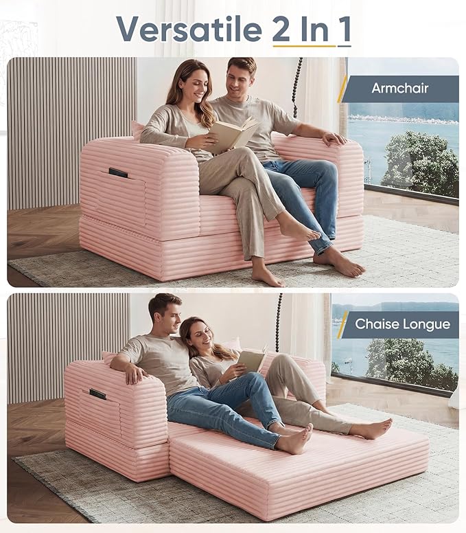 Versatile 2 in1 Loveseat Pink Accent Chair Couch Convertible Boneless Chaise