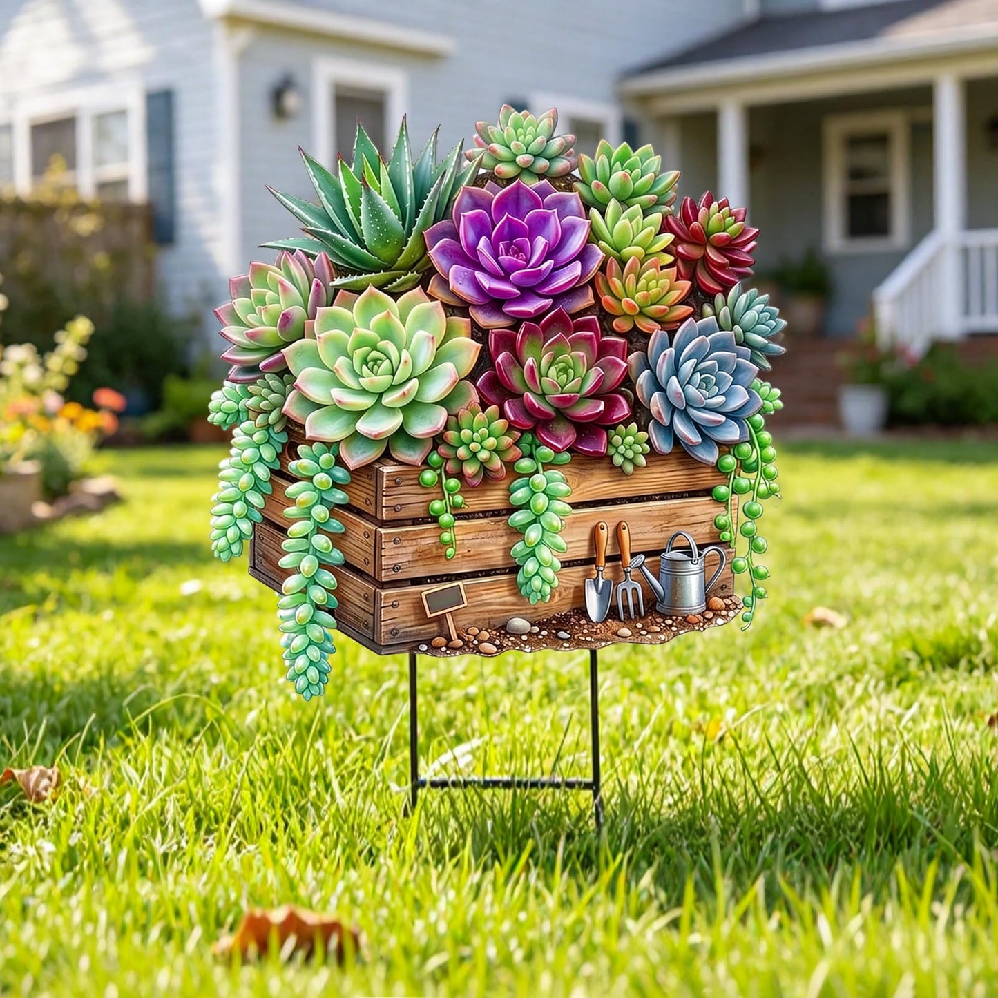 Tooyuart Spring Outdoor Yard Decor, 20" Flat Metal Succulent Crate Garden Stake, Weatherproof Rustproof Yard Sign with H-Shaped Base, Durable Gardening Gift