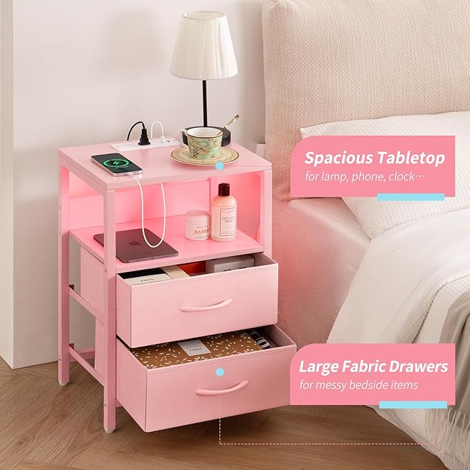 Yoobure Nightstand with Charging Station, LED Night Stand with Fabric Drawers