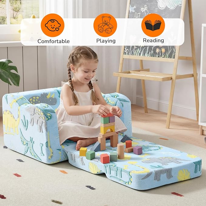 MeMoreCool Glowing Dinosaur Kids Chair, 2-in-1 Convertible Kids Couch Fold Out