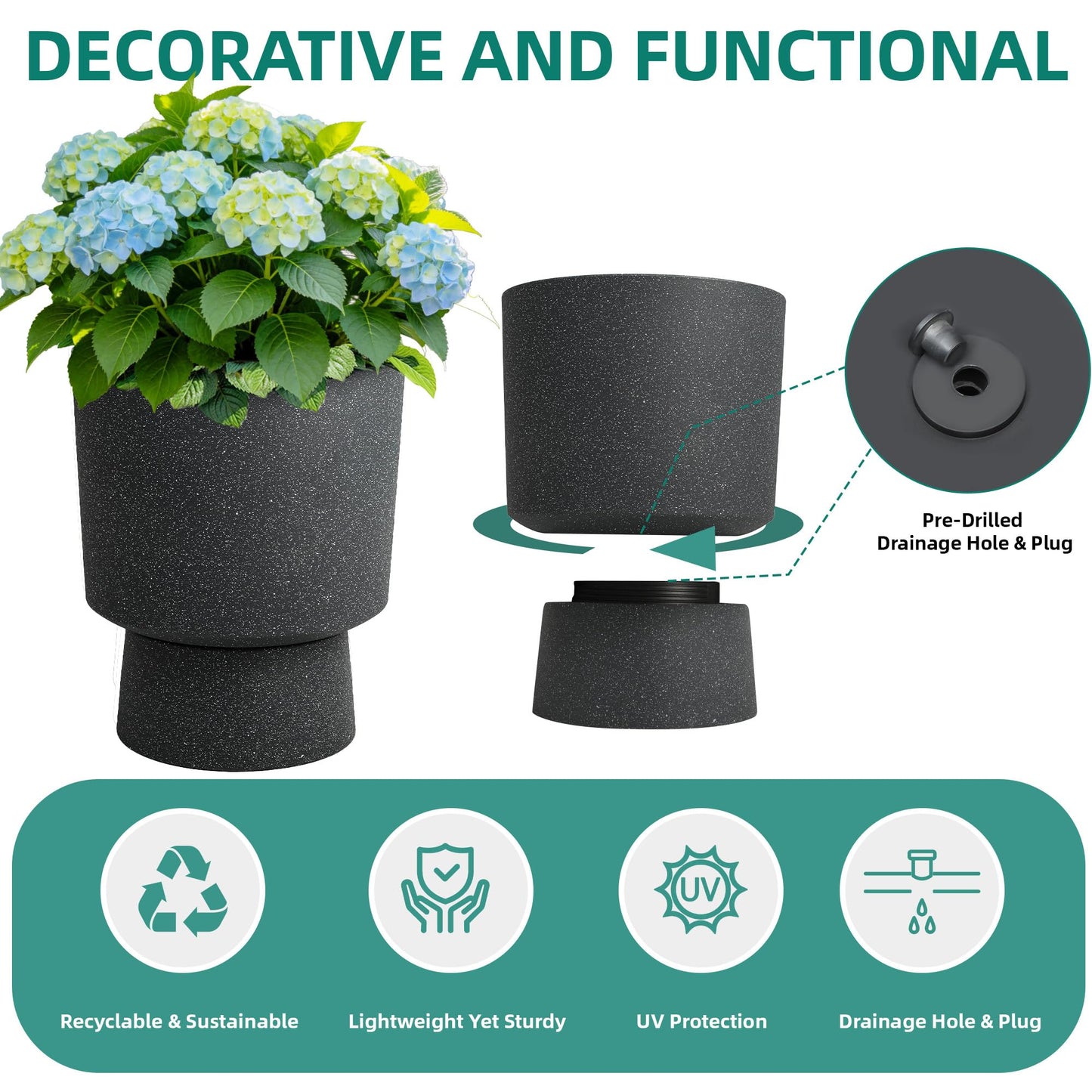 Ultym 16.8" Large Planters Set of 2 Modern Pedestal Plant Pots with Drainage Hole, Durable Plastic Flower Pots w/Terrazzo Finish, Weather-Resistant for Garden Patio Balcony Home Outdoor Indoor Decor