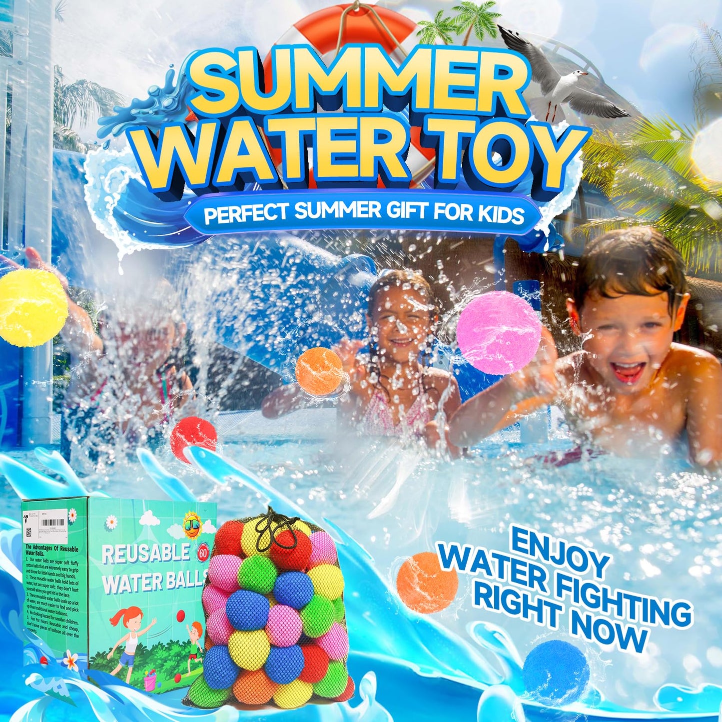 60 Pcs Reusable Water Balls, Reusable Water Balloons for Outdoor Toys and Games, Water Toys for Kids and Adults Boys and Girls - Summer Balls for Pool and Backyard Fun