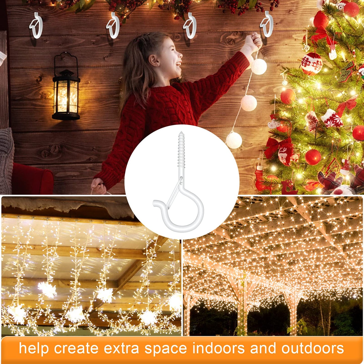 GIPTIME 32Pcs Q-Hanger Hooks with Safety Buckle, Windproof Screw Hooks for Hanging Outdoor String Lights, Plants, Christmas Decorations, Includes Wing Nut Driver, White