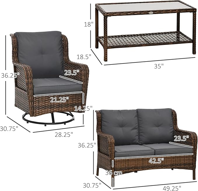 Outsunny 4 Piece PE Rattan Outdoor Patio Furniture Set, Wicker Conversation Set