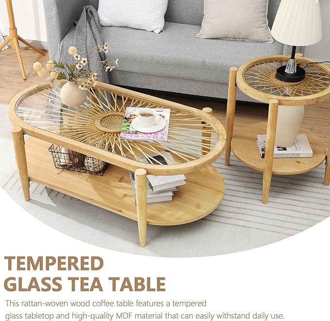 RUSTOWN Rattan Coffee Tables, 2-Tier Oval Boho Cocktail Tables, Mid Century