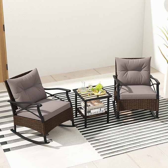 Tangkula 3 Pieces Outdoor Rocking Chairs Set, Rattan Heavy Duty Cushioned