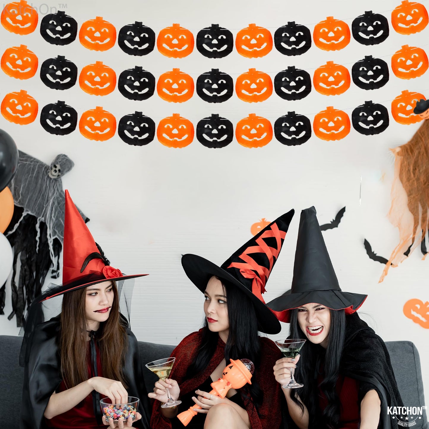 KatchOn, Long Pumpkin Halloween Garland - 10 Feet, 3 Strings, No DIY | Black and Orange Pumpkin Garland for Halloween Party Decorations