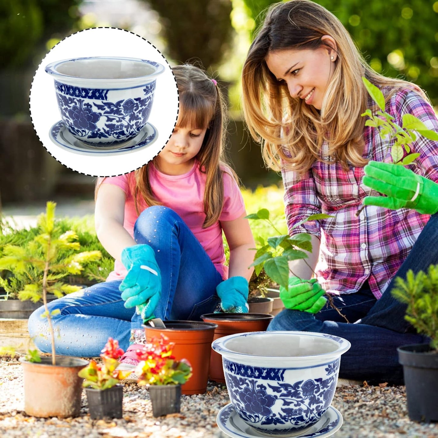 Angoily Blue and White Ceramic Planter 1 Set Chinese Ceramic Flower Pots Decorative Succulent Plant Pot with Trays for Indoor Outdoor Desktop Garden Balcony