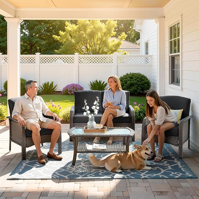 Weaxty Wicker Patio Furniture Set High Back Loveseat Sofa Couch Armchair Coffee