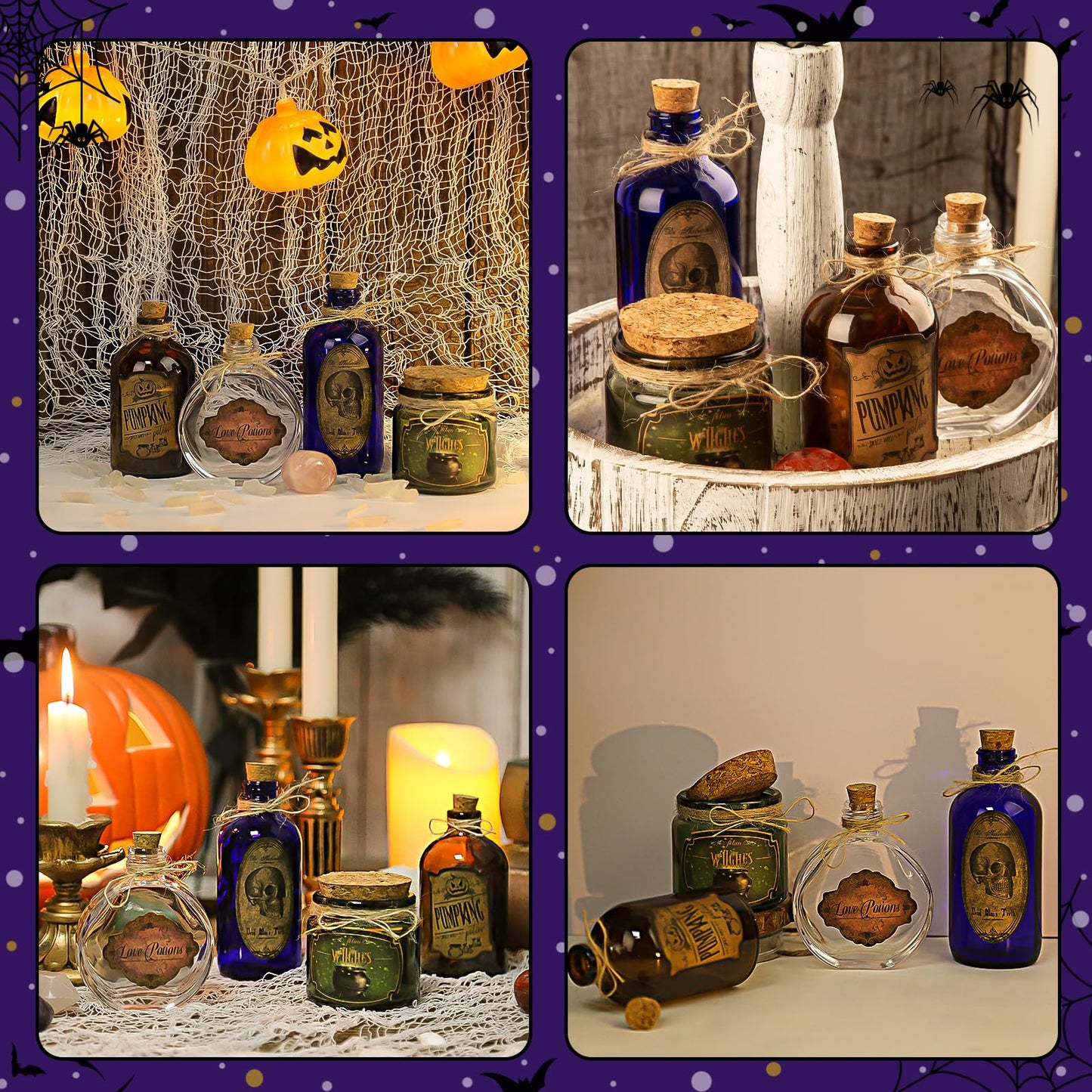 HOHUCRAB Potion Bottles Halloween Decoration, Set of 4 Glass Potion Bottles with Corks and 10 Halloween Bottle labels, Halloween Tiered Tray Decor, Halloween Decorations Indoor