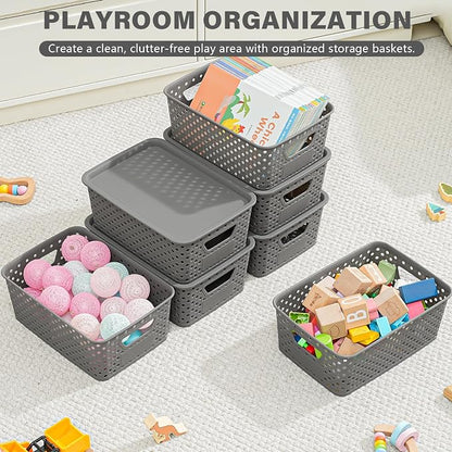 10 Pack Small Plastic Storage Bins with Lids, Stackable Plastic Storage Baskets for Organizing with Handles, Organizer Bins with Labels for Room,Craft,Containers for Pantry Organizers and Storage,Grey