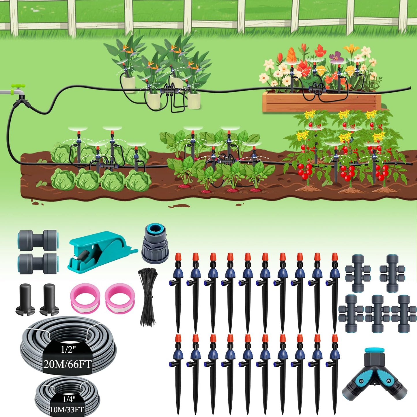 MYMULIKE Drip Irrigation System, 1/2" Main Pipe & 1/4" Branch Pipe, Adjustable Drip Emitters, Automatic Irrigation Kit Garden Watering System for Flower Bed, Raised Beds, Lawn, Greenhouses