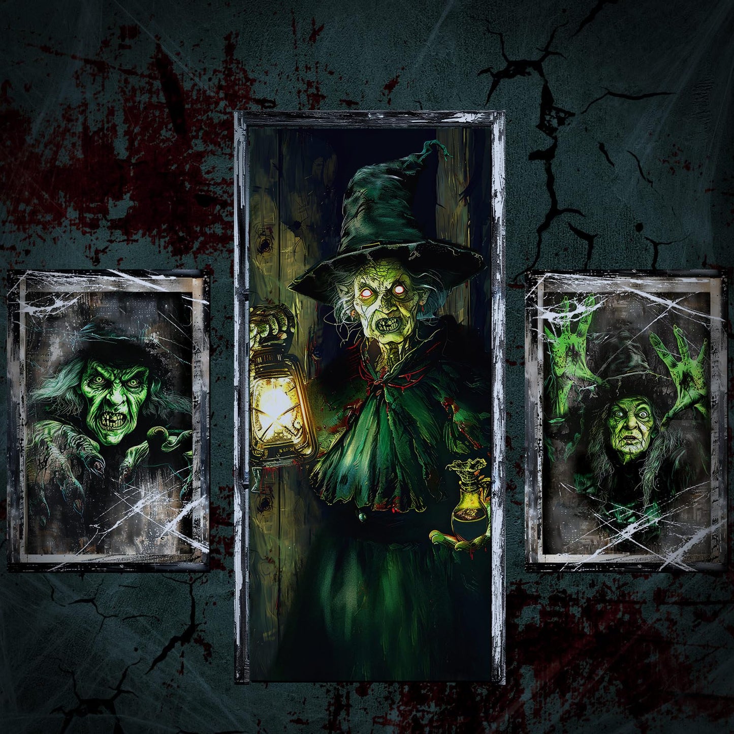 Fanfanwin 3 Pcs Halloween Window Door Covers Set Halloween Scary Window Curtain and Door Cover Spooky Silhouette Props Poster for House Decor(Witch)