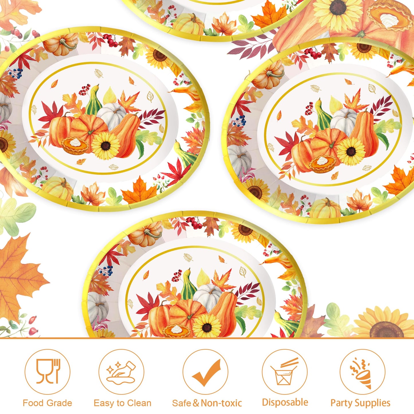 50PCS Autumn Harvest Party Plates Fall Pumpkin Themd Oval Plates Thanksgiving Maple Leaf Disposable Dinner Plates for Fall Gathering Party Decorations Holiday Festive Serving Trays and Platters