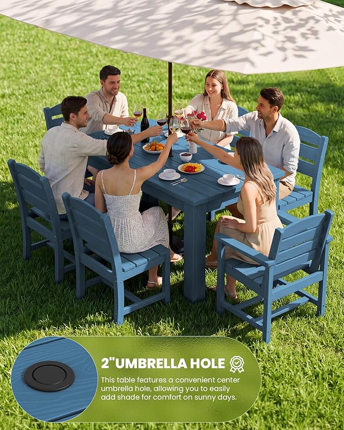 SERWALL HDPE Dining Set for 8: 2 Umbrella Hole Tables + 8 Chairs. Includes 8