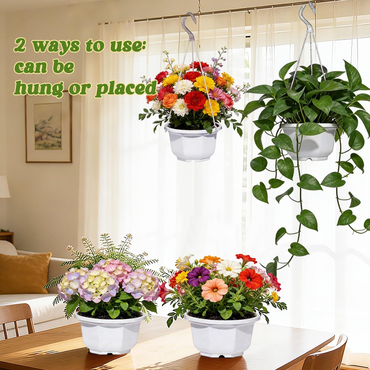Liobelon 4 Pieces Plastic Hanging Planters, 6.7 x 5.5 Inch Hanging Flower Basket with Hook Hanging Nursery Planter Holder Small Flower Pots for Outdoor Indoor Plant Garden (White)