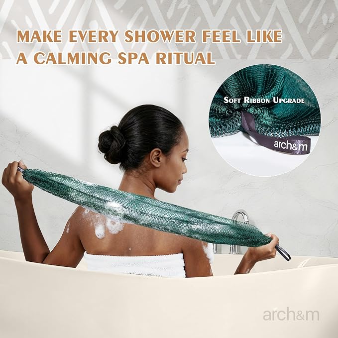 ARCH&M African Net Sponge Authentic Exfoliating Shower & Bath Loofah | 53" Long Back Scrubber, Quick-Dry Mesh Body Sponge, All Skin Types, Sensitive-Skin Friendly, Travel Toiletry Bag