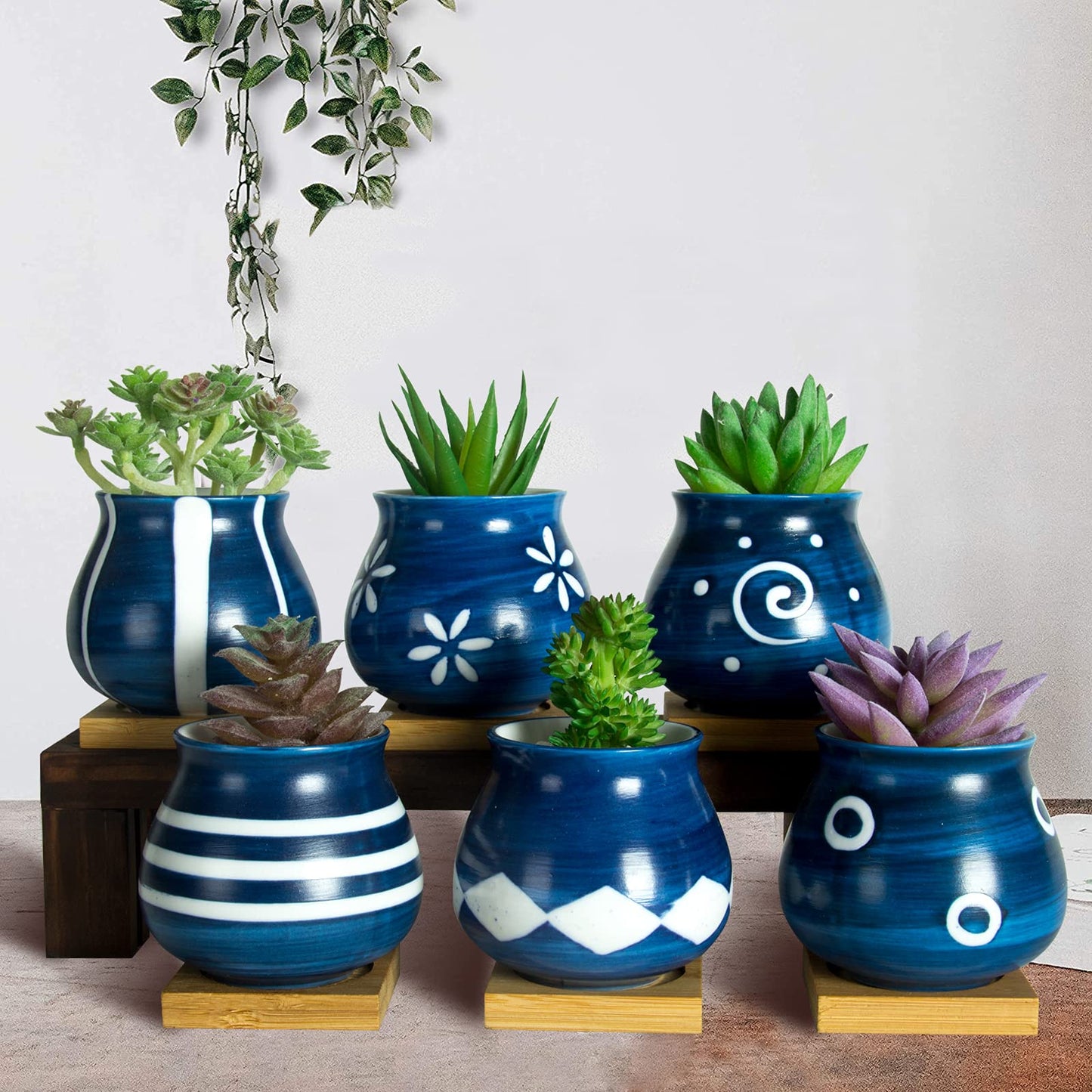Cute Succulent Pots with Drainage Bamboo Tray - 3" Succulent Planters with Drainage Hole Ceramic Planter Tiny Pots for Indoor Small Plants, Small pots for Succulents Cactus Container Set of 6
