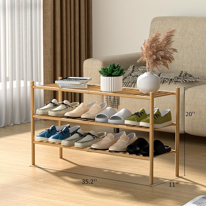 ROMGUAR CRAFT 3-Tier Bamboo Long Shoe Rack, Free Standing Wood Shoe Shelf
